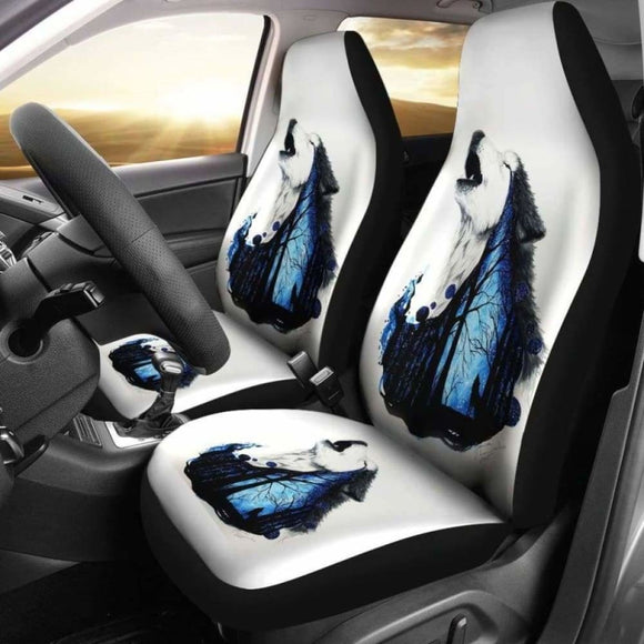 Wolf Art Howling In White Theme Car Seat Covers 200904 - YourCarButBetter